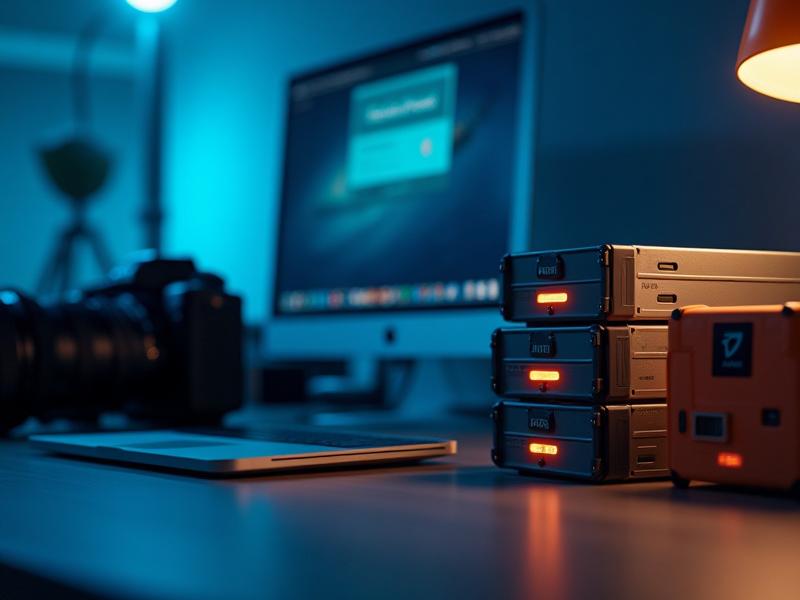 A professional creative workspace featuring a high-end camera, MacBook Pro running backup software, and a rugged RAID array for data redundancy.